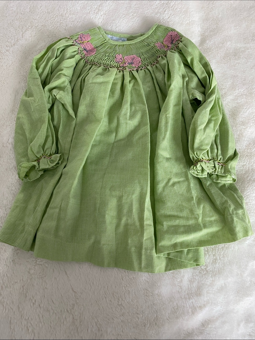 Girls Light Green Smocked Long Sleeve Dress with Pink Floral Embroidery